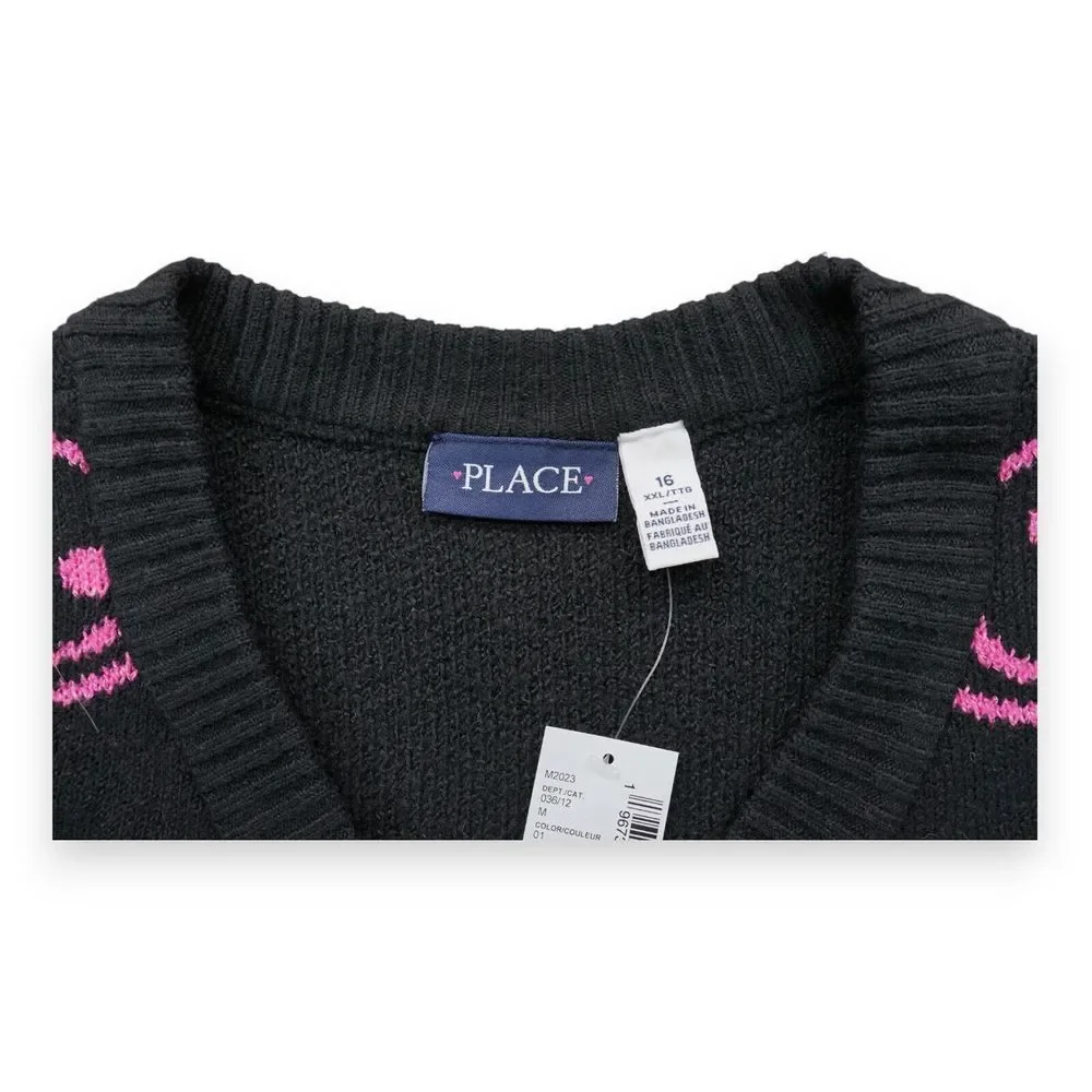 NWT Place‎ Knitted Cardigan Sweater V- Neck Black Pink Smiley Girls Size XXL